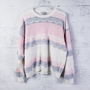 Vintage JED Womens XL  Pullover Sweater Pink Cream Gray Oversized 90s Crewneck